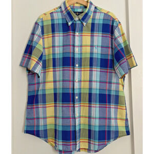 Polo Ralph Lauren Cotton Plaid Custom Fit Button Down Short Sleeve Shirt Pony XL